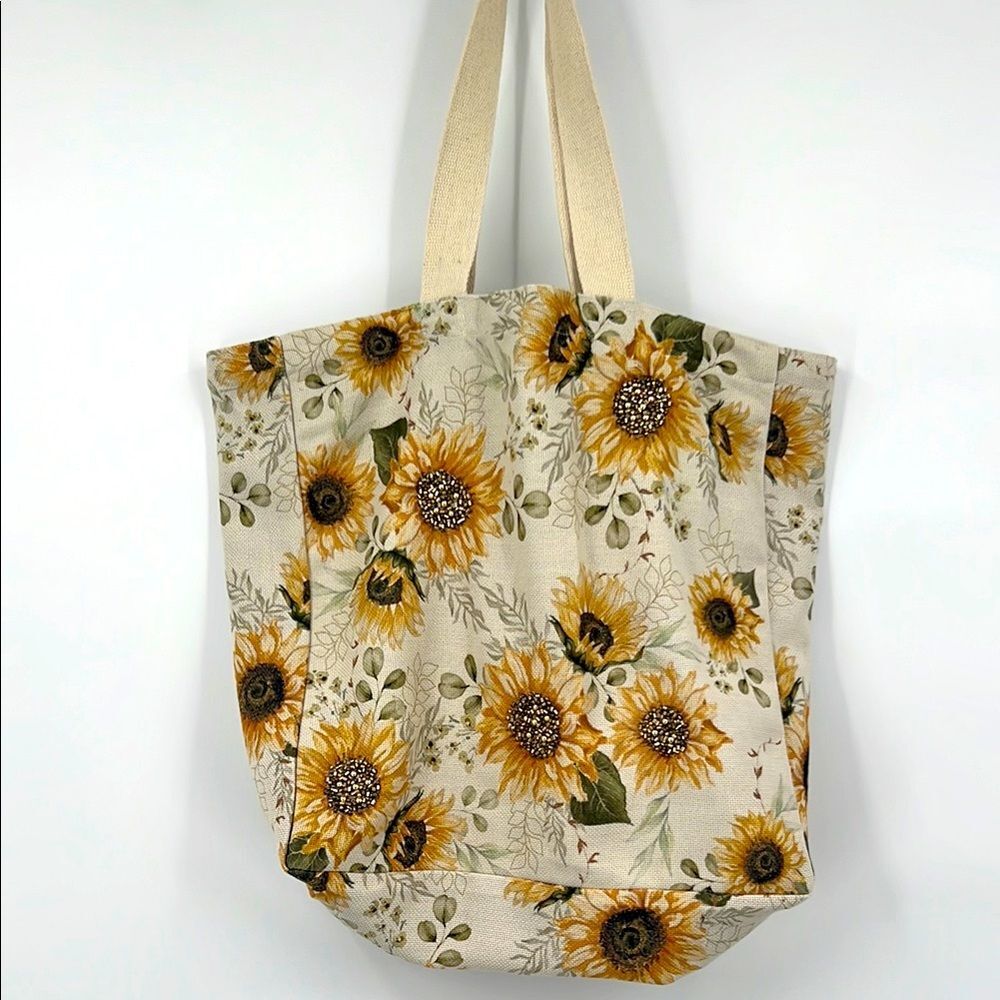 Beaded Sunflower Canvas Tote Bag NWOT
